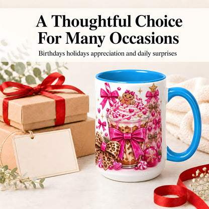 #pl[15oz|Blue] Pink Christmas Coffee Ceramic Mug with Gingerbread Bow Artwork
