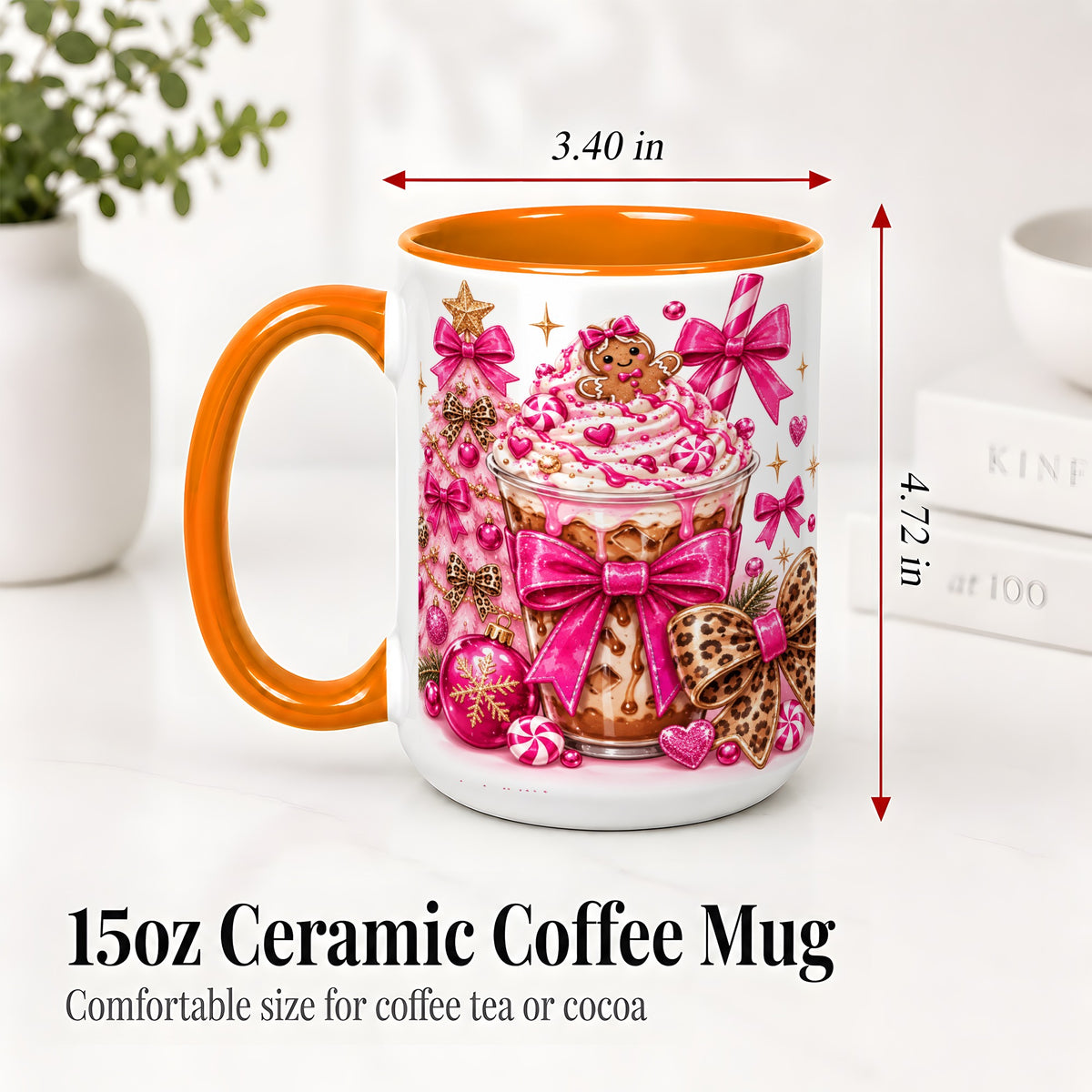 #pl[15oz|Orange] Pink Christmas Coffee Ceramic Mug with Gingerbread Bow Artwork