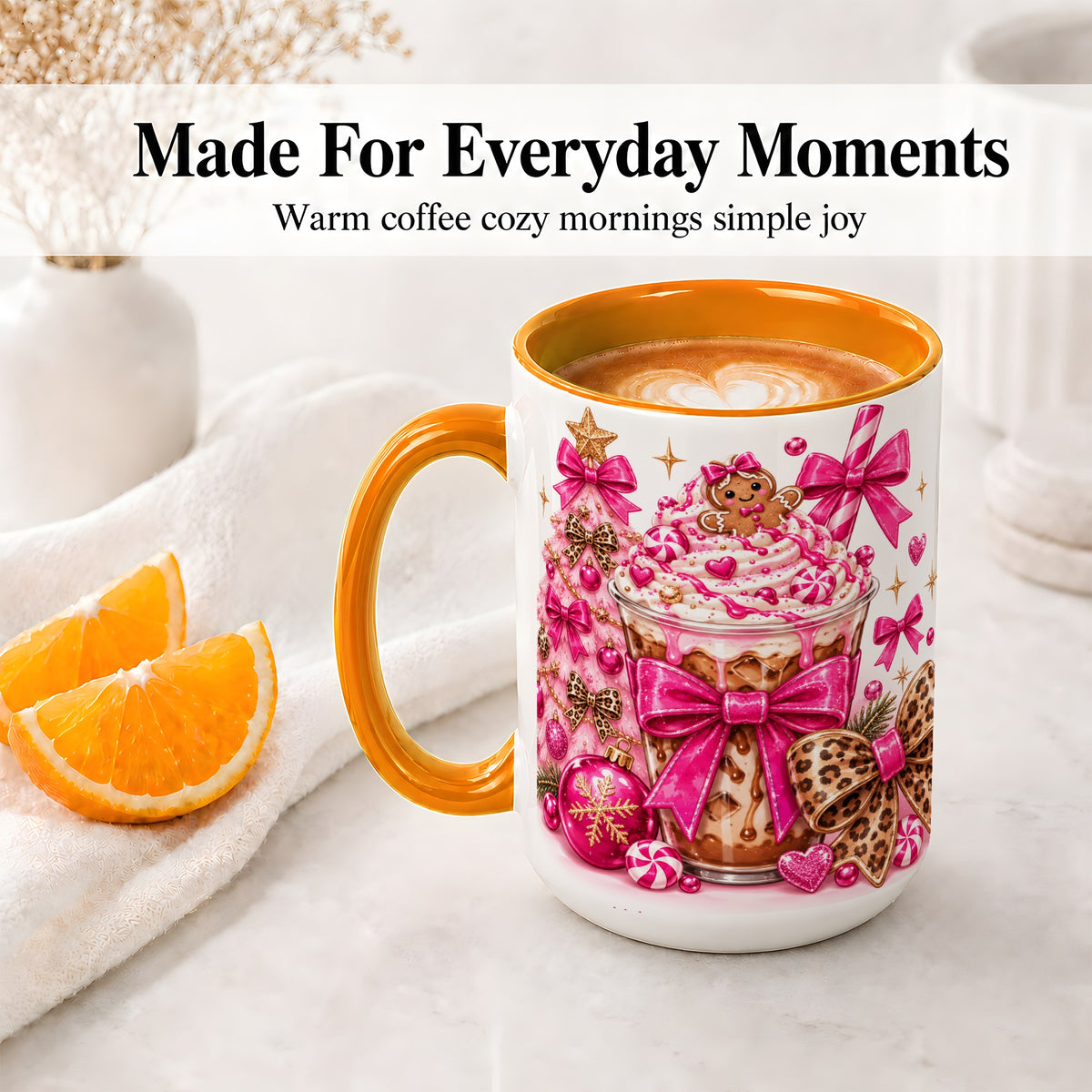 #pl[15oz|Orange] Pink Christmas Coffee Ceramic Mug with Gingerbread Bow Artwork