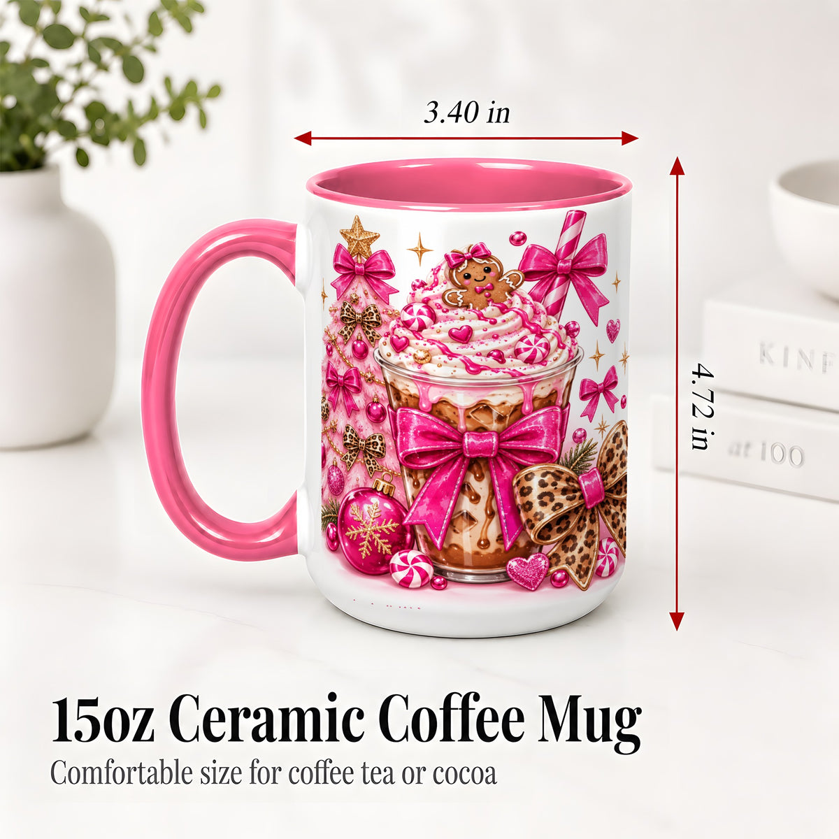 #pl[15oz|Pink] Pink Christmas Coffee Ceramic Mug with Gingerbread Bow Artwork