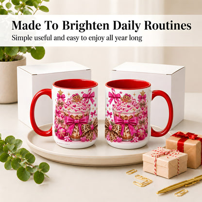 #pl[15oz|Red] Pink Christmas Coffee Ceramic Mug with Gingerbread Bow Artwork