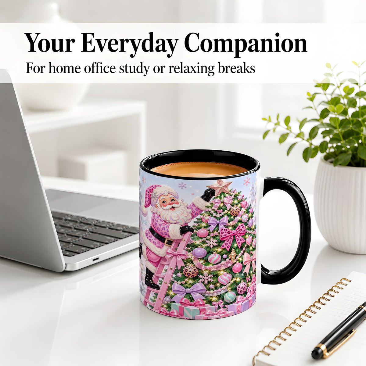 #pl[11oz|Black] Pink Leopard Christmas Ceramic Mug with Santa and Tree Holiday Art
