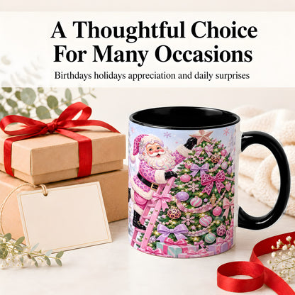 #pl[11oz|Black] Pink Leopard Christmas Ceramic Mug with Santa and Tree Holiday Art