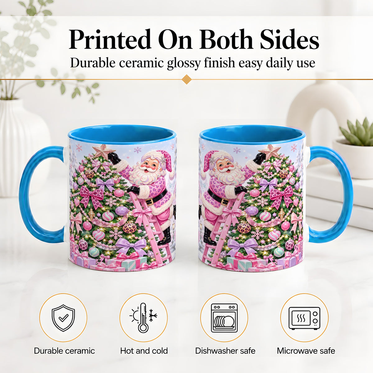 #pl[11oz|Blue] Pink Leopard Christmas Ceramic Mug with Santa and Tree Holiday Art