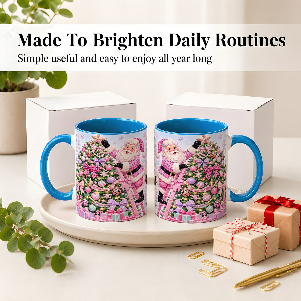 #pl[11oz|Blue] Pink Leopard Christmas Ceramic Mug with Santa and Tree Holiday Art