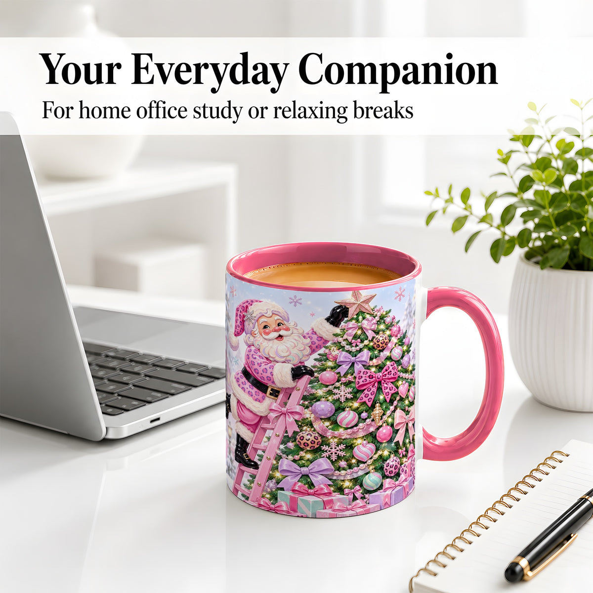 #pl[11oz|Pink] Pink Leopard Christmas Ceramic Mug with Santa and Tree Holiday Art