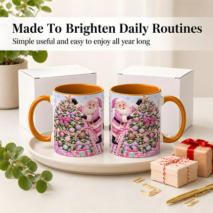 #pl[11oz|Orange] Pink Leopard Christmas Ceramic Mug with Santa and Tree Holiday Art