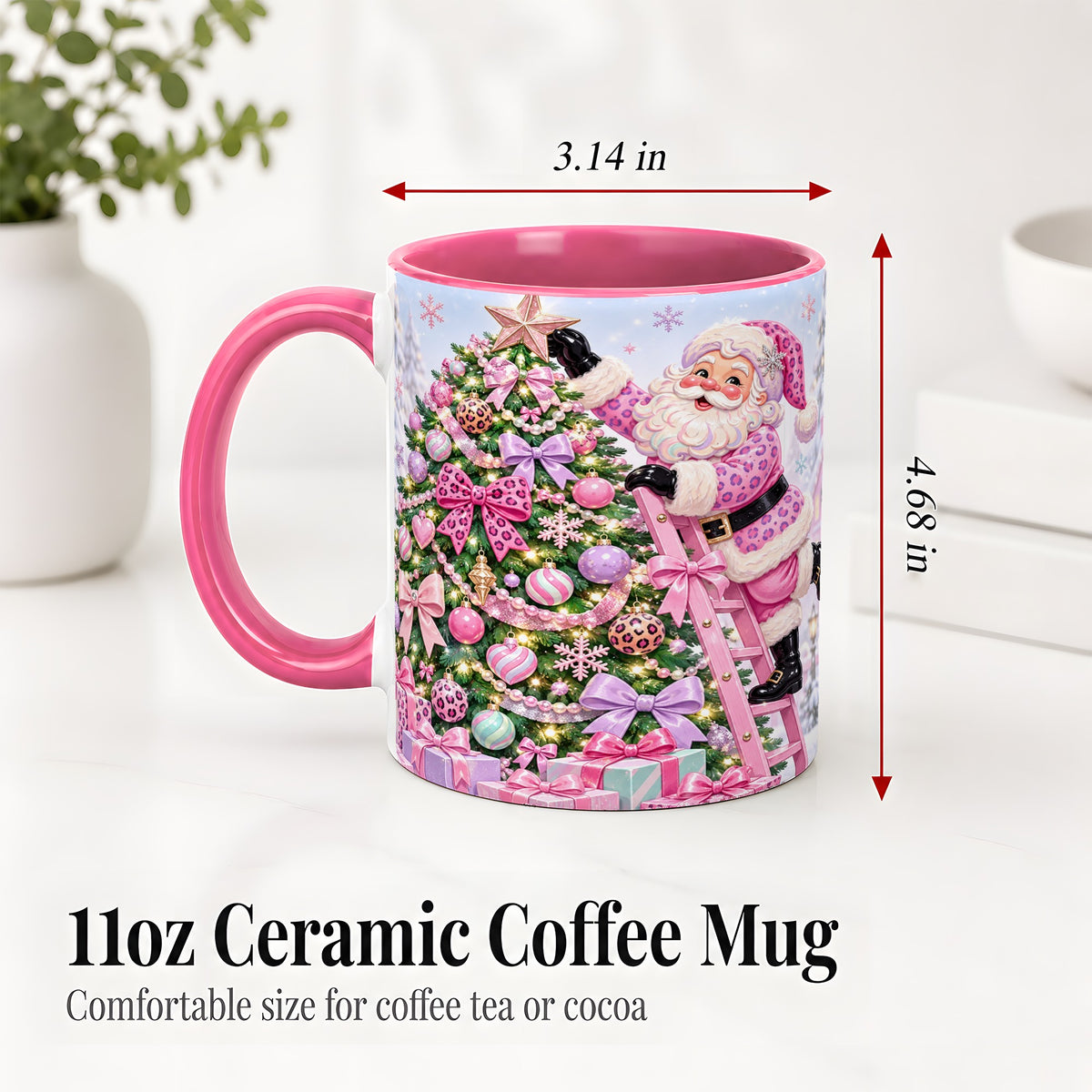 #pl[11oz|Pink] Pink Leopard Christmas Ceramic Mug with Santa and Tree Holiday Art