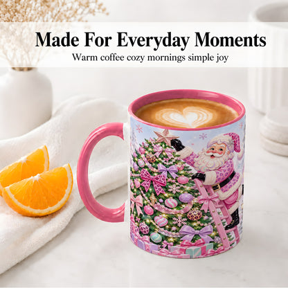 #pl[11oz|Pink] Pink Leopard Christmas Ceramic Mug with Santa and Tree Holiday Art
