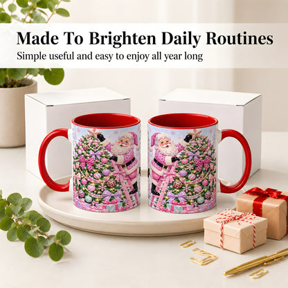 #pl[11oz|Red] Pink Leopard Christmas Ceramic Mug with Santa and Tree Holiday Art