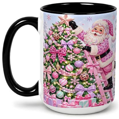 #pl[15oz|Black] Pink Leopard Christmas Ceramic Mug with Santa and Tree Holiday Art