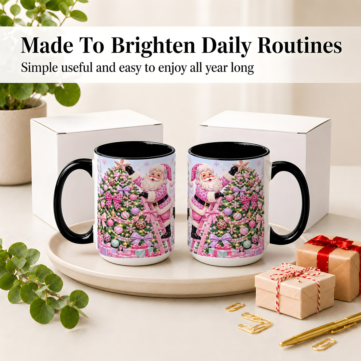 #pl[15oz|Black] Pink Leopard Christmas Ceramic Mug with Santa and Tree Holiday Art