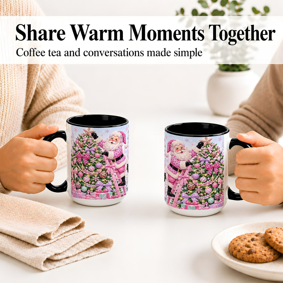 #pl[15oz|Black] Pink Leopard Christmas Ceramic Mug with Santa and Tree Holiday Art