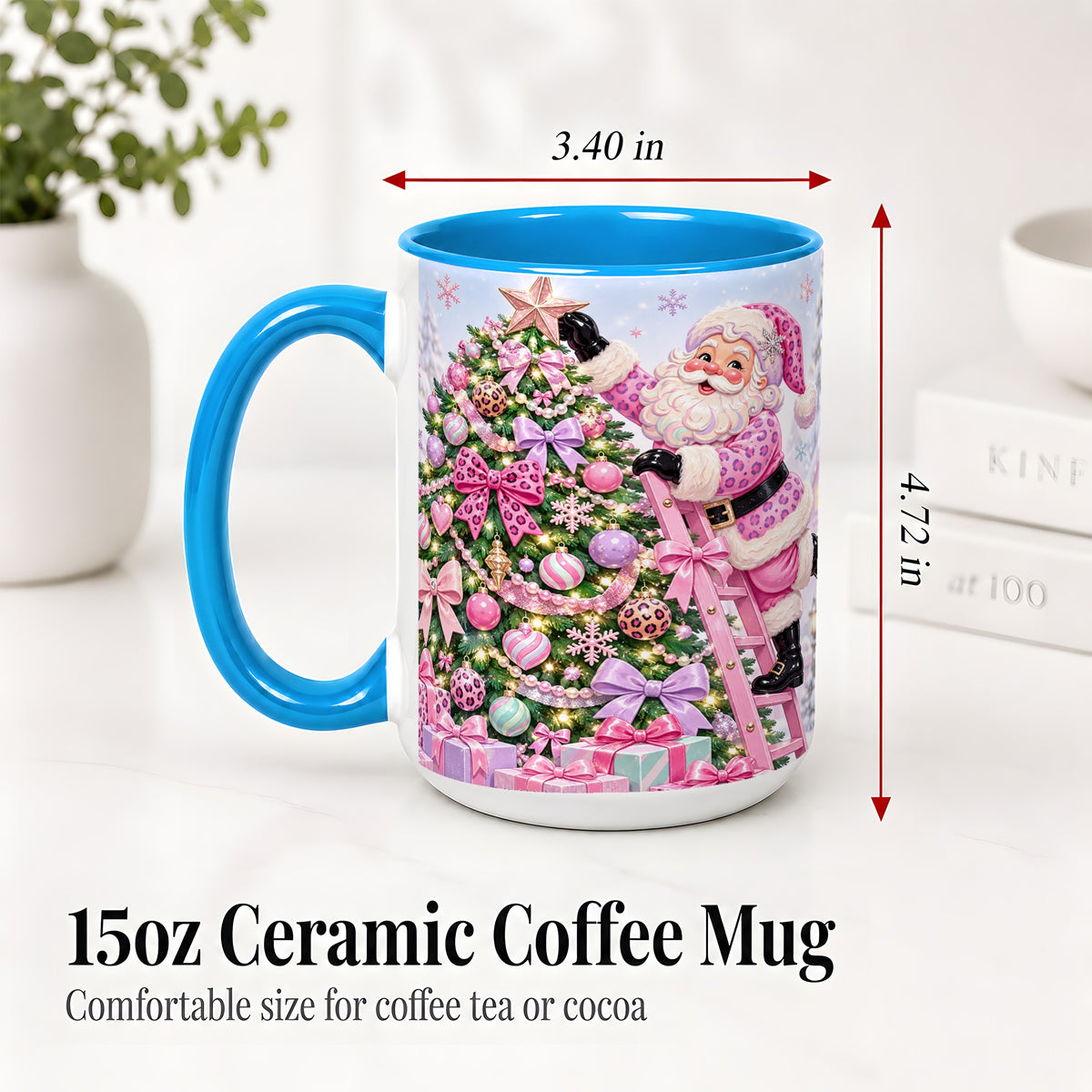 #pl[15oz|Blue] Pink Leopard Christmas Ceramic Mug with Santa and Tree Holiday Art