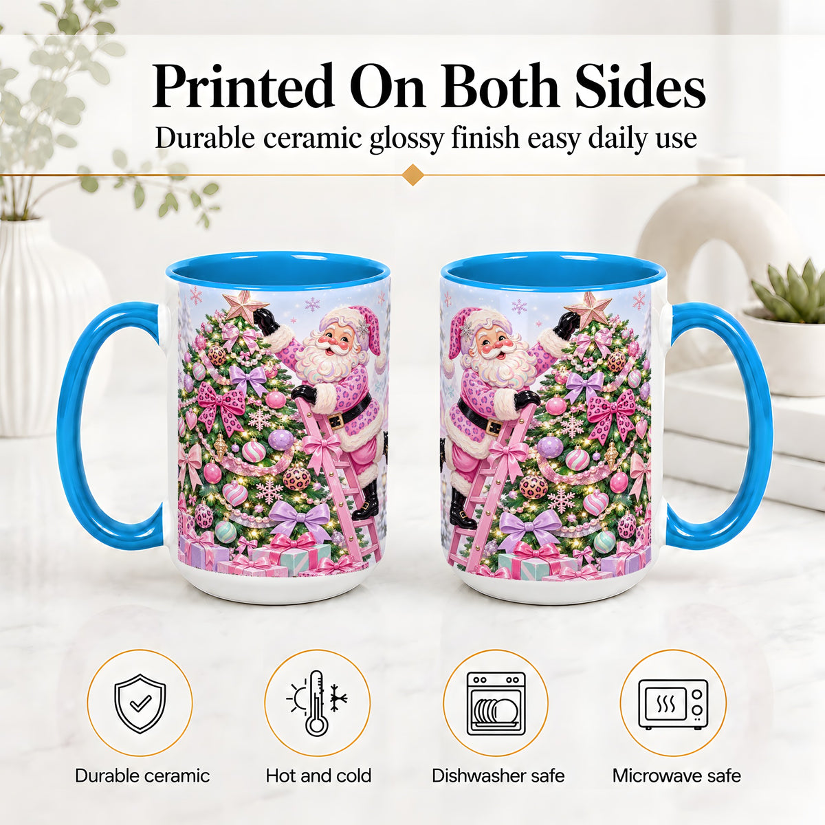 #pl[15oz|Blue] Pink Leopard Christmas Ceramic Mug with Santa and Tree Holiday Art