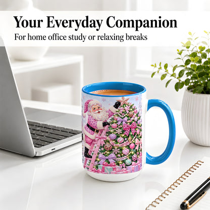 #pl[15oz|Blue] Pink Leopard Christmas Ceramic Mug with Santa and Tree Holiday Art