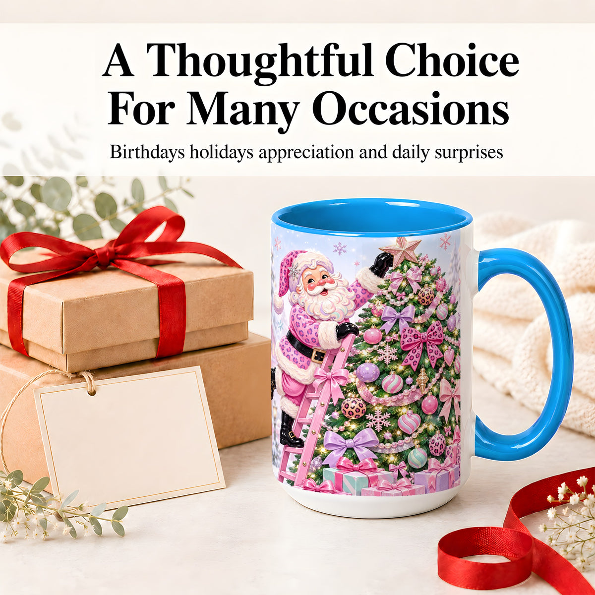 #pl[15oz|Blue] Pink Leopard Christmas Ceramic Mug with Santa and Tree Holiday Art