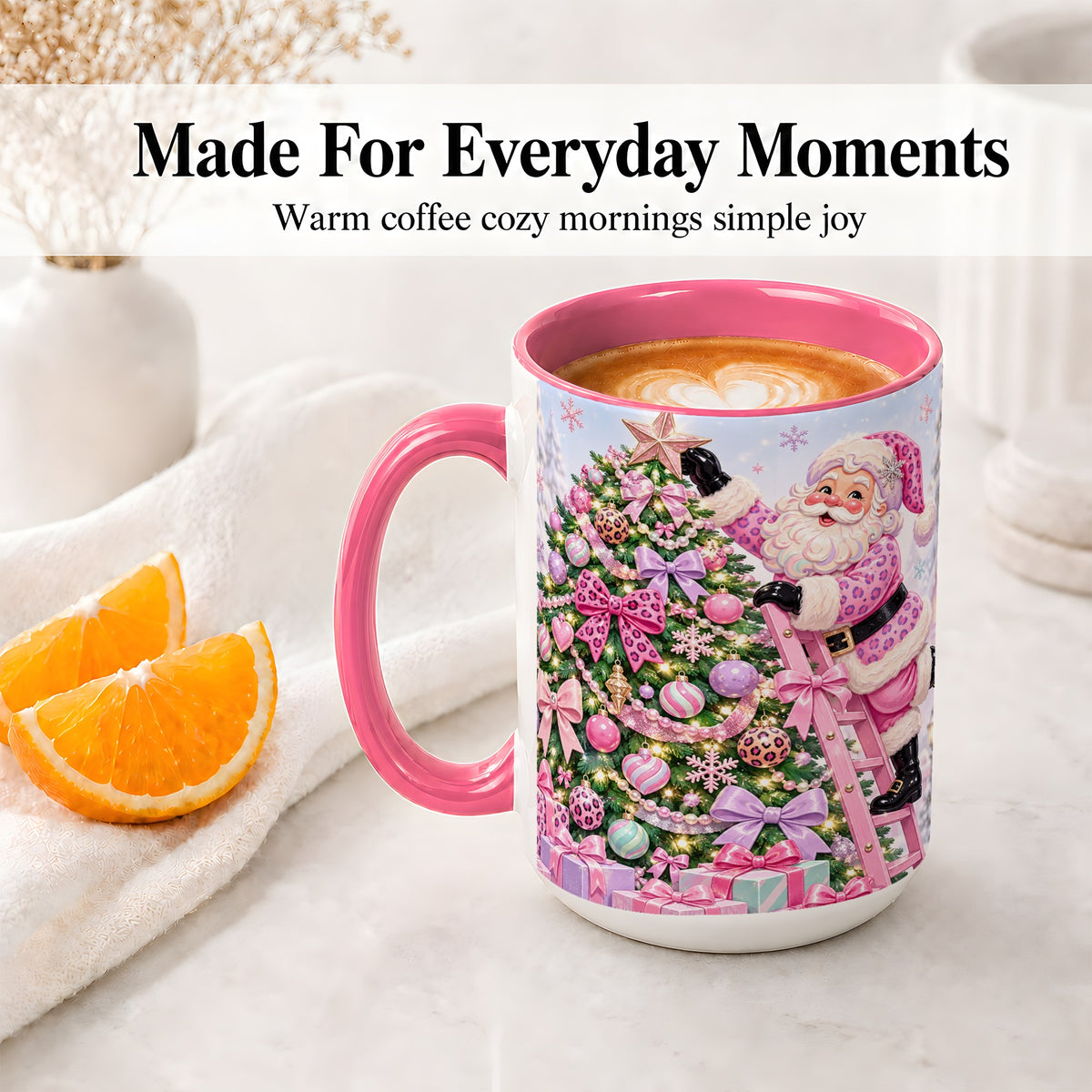 #pl[15oz|Pink] Pink Leopard Christmas Ceramic Mug with Santa and Tree Holiday Art
