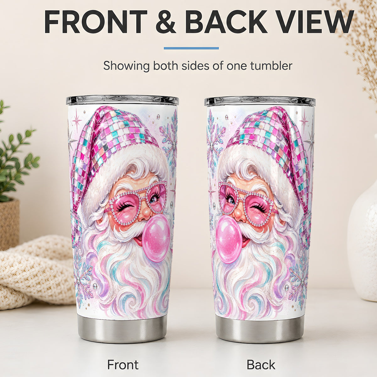 #pl[20oz|Steel] Pink Santa 20oz Stainless Steel Tumbler, Bubblegum Holiday Artwork