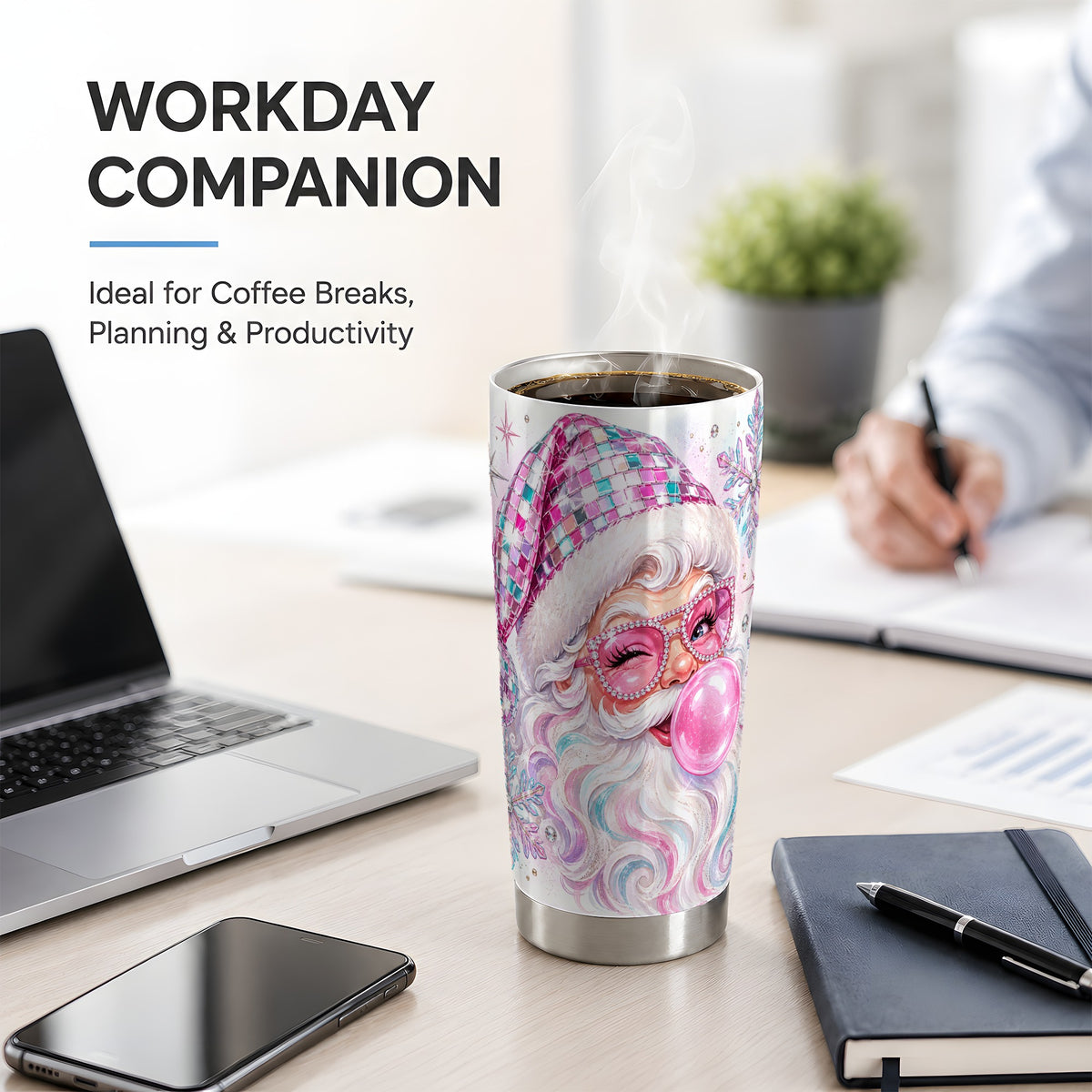 #pl[20oz|Steel] Pink Santa 20oz Stainless Steel Tumbler, Bubblegum Holiday Artwork