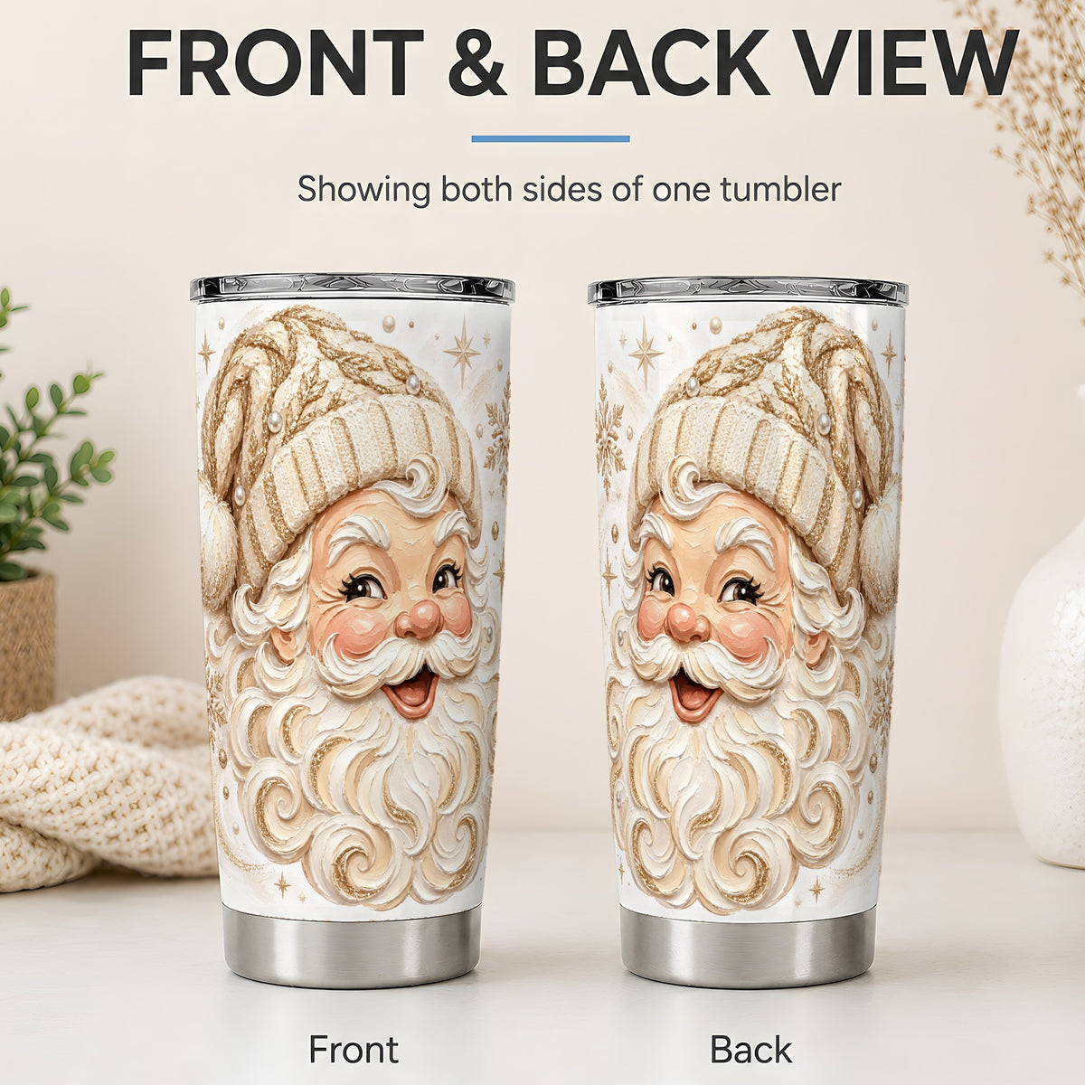 #pl[20oz|Steel] Golden Santa 20oz Stainless Steel Tumbler, Gold Snowflake Artwork