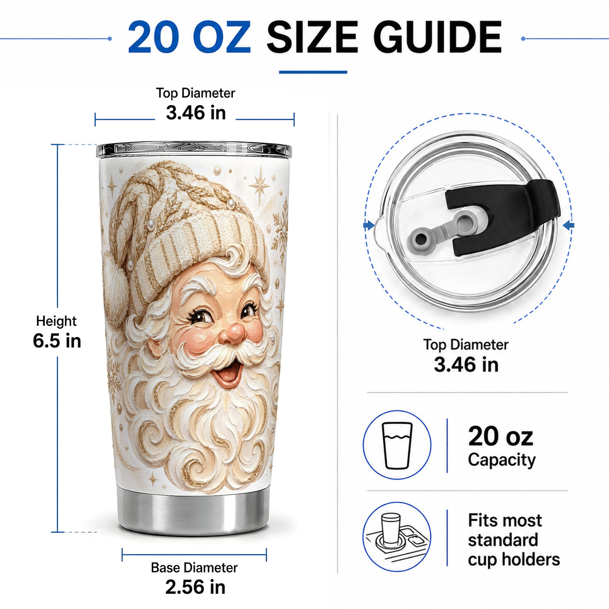 #pl[20oz|Steel] Golden Santa 20oz Stainless Steel Tumbler, Gold Snowflake Artwork