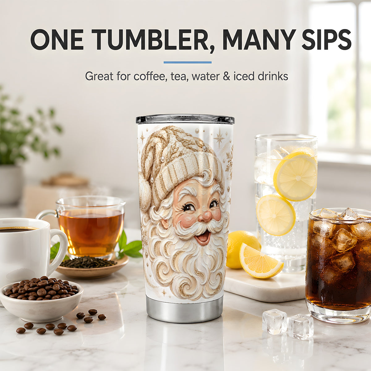 #pl[20oz|Steel] Golden Santa 20oz Stainless Steel Tumbler, Gold Snowflake Artwork