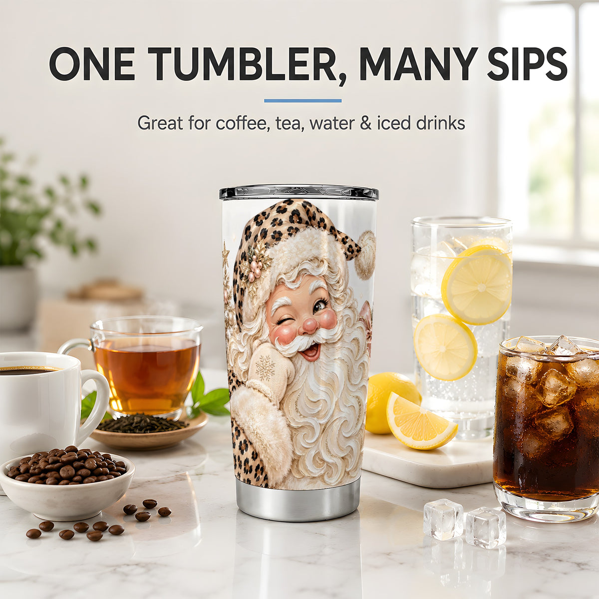 #pl[20oz|Steel] Leopard Santa 20oz Stainless Steel Tumbler, Pink Bow Holiday Artwork