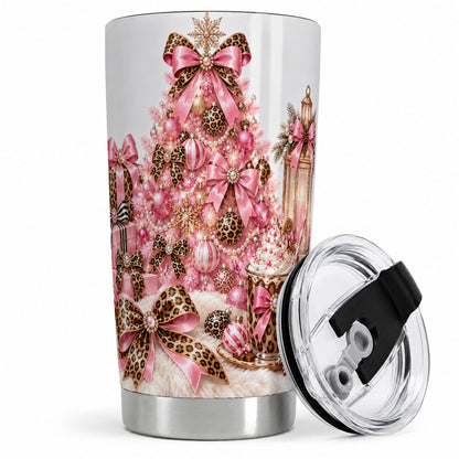 Pink Leopard Christmas 20oz Stainless Steel Tumbler, Tree Artwork
