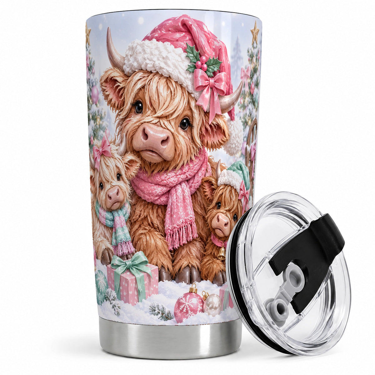 Highland Cow Christmas 20oz Stainless Steel Tumbler, Pink Artwork