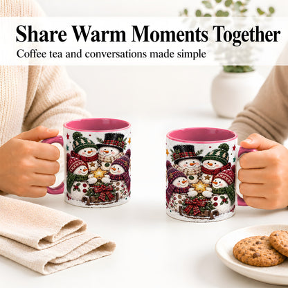 #pl[11oz|Pink] Snowman Family Christmas Ceramic Mug with Plaid Winter Style