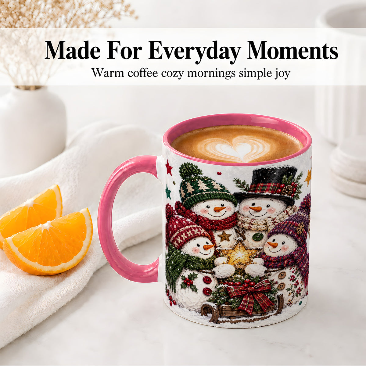 #pl[11oz|Pink] Snowman Family Christmas Ceramic Mug with Plaid Winter Style