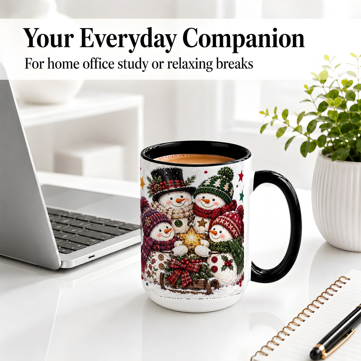 #pl[15oz|Black] Snowman Family Christmas Ceramic Mug with Plaid Winter Style