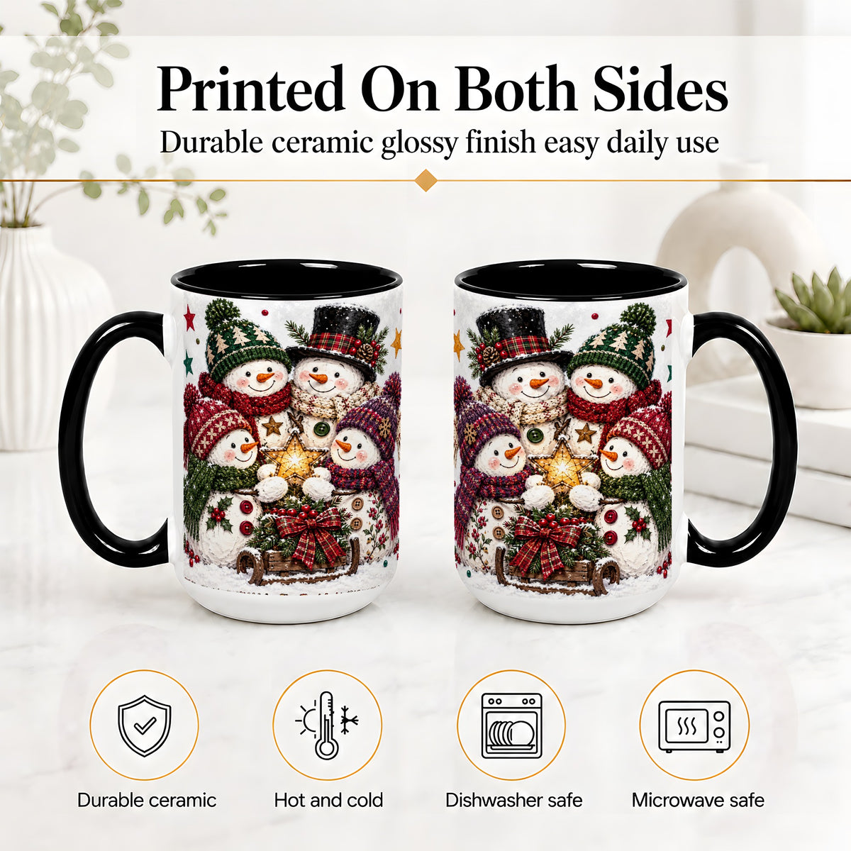 #pl[15oz|Black] Snowman Family Christmas Ceramic Mug with Plaid Winter Style