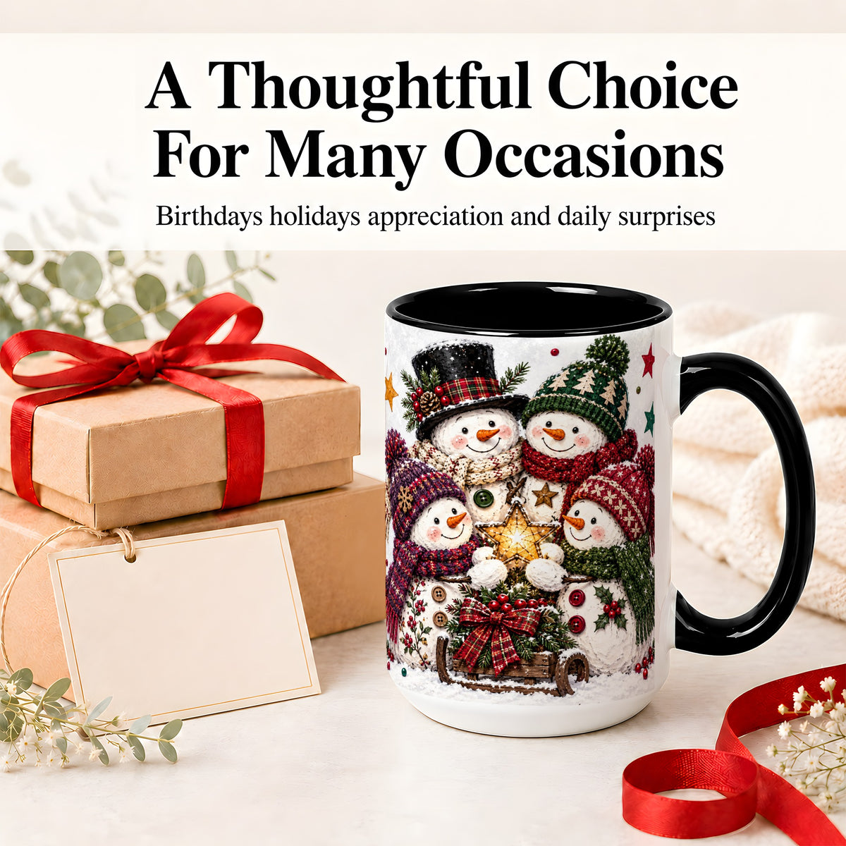 #pl[15oz|Black] Snowman Family Christmas Ceramic Mug with Plaid Winter Style