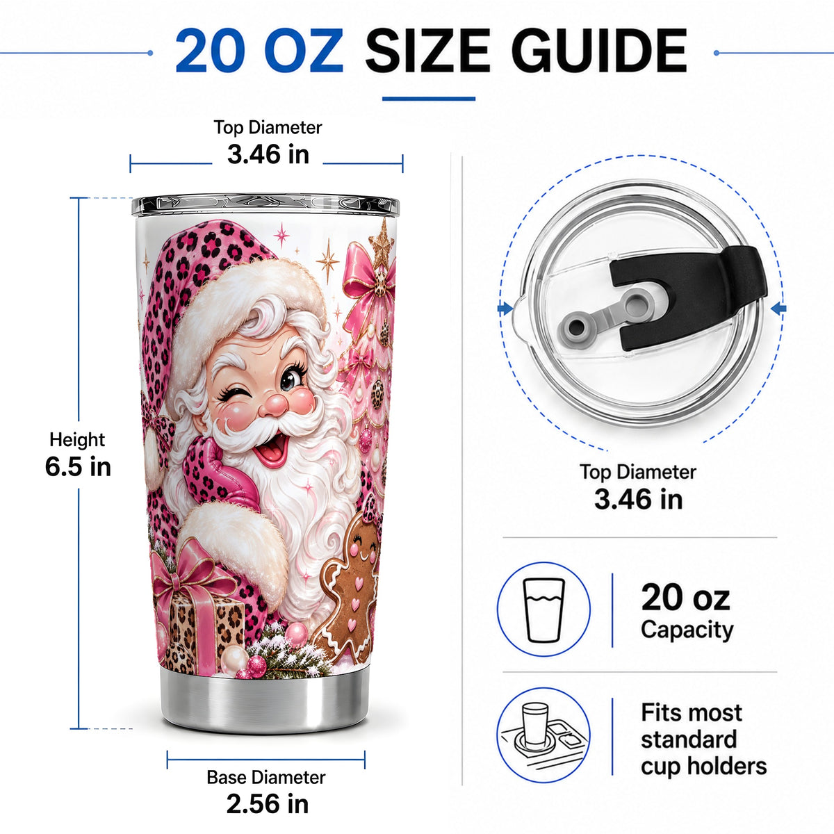 #pl[20oz|Steel] Pink Leopard Santa 20oz Stainless Steel Tumbler, Gingerbread Artwork