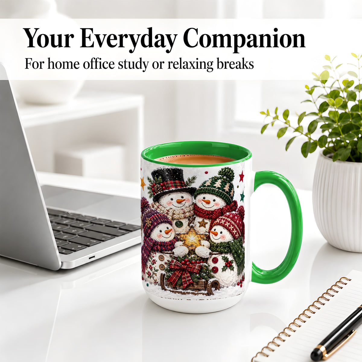 #pl[15oz|Green] Snowman Family Christmas Ceramic Mug with Plaid Winter Style