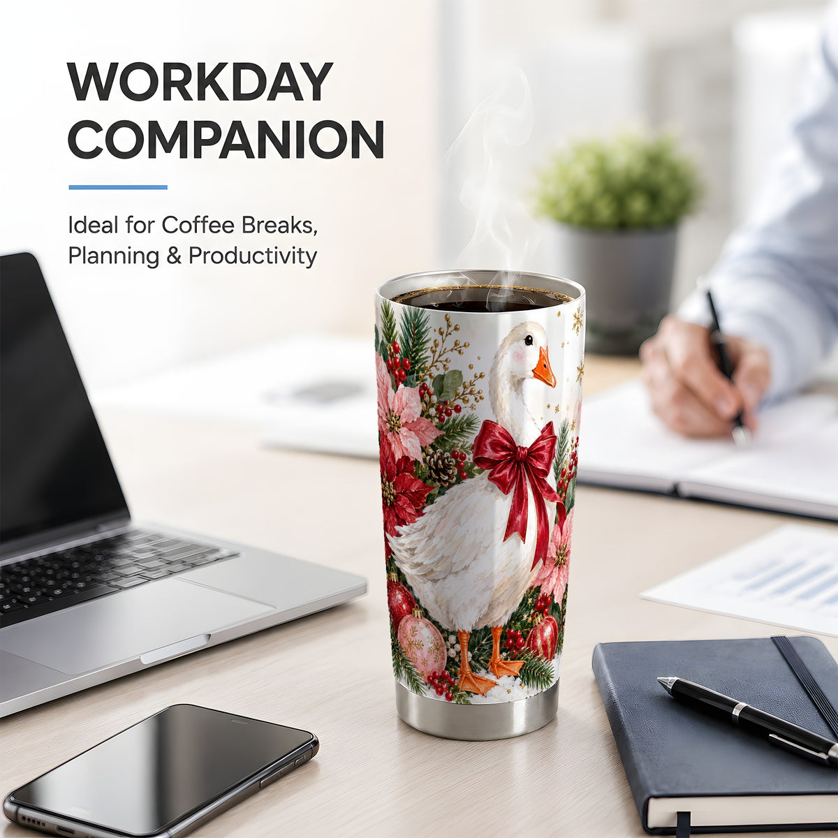 #pl[20oz|Steel] Christmas Goose 20oz Tumbler, Poinsettia Bow Design for Goose Lovers