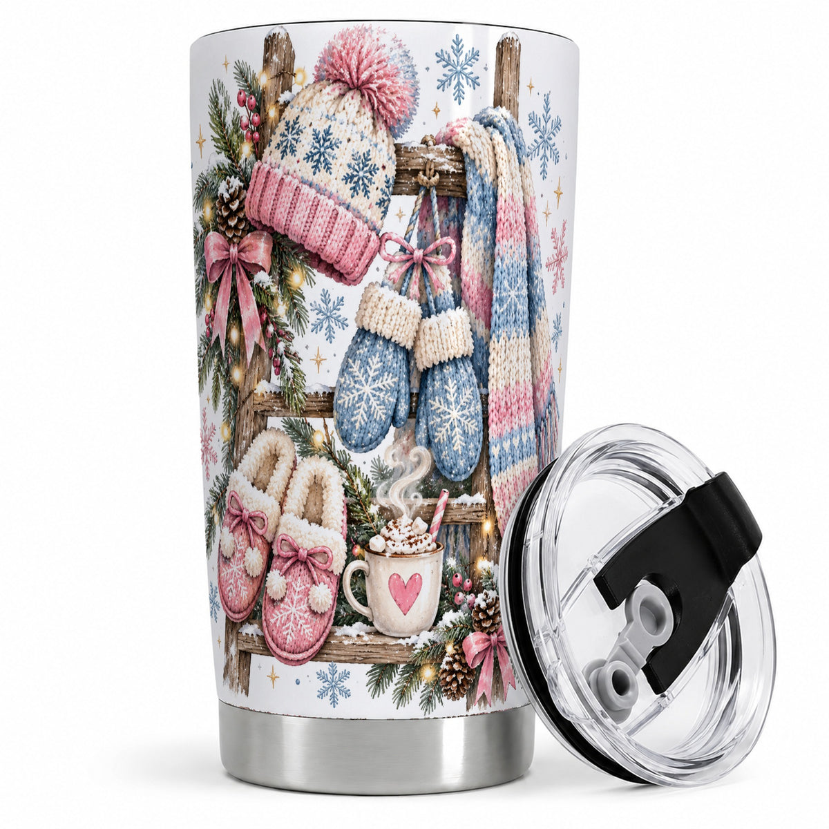 Cozy Winter Knit 20oz Tumbler, Pink Blue Snowflake Holiday Design