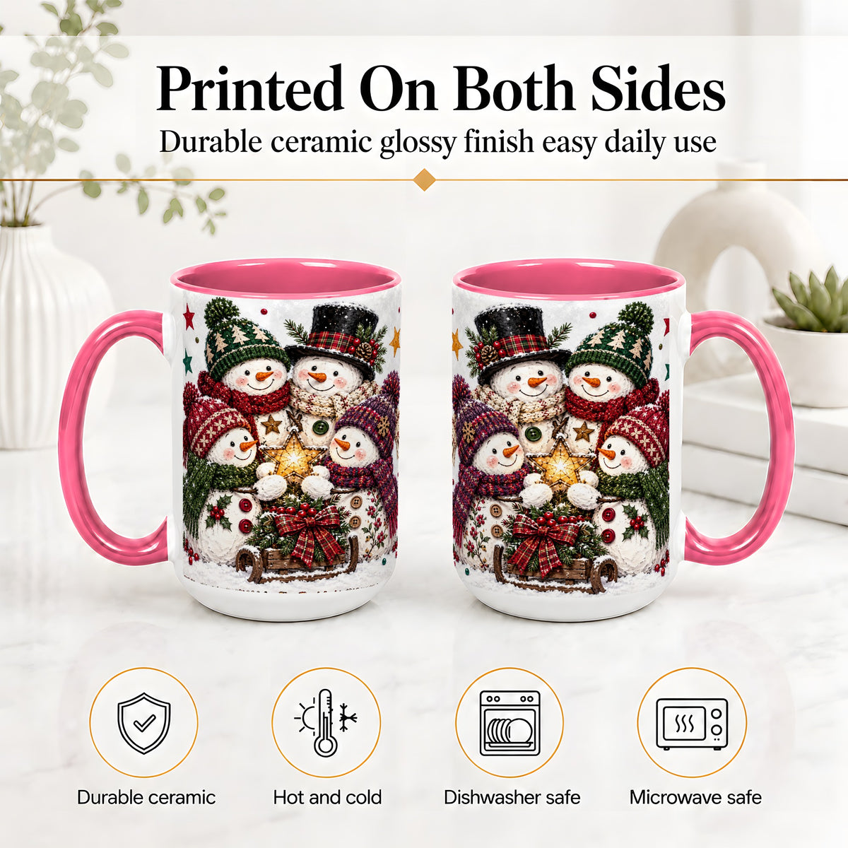 #pl[15oz|Pink] Snowman Family Christmas Ceramic Mug with Plaid Winter Style