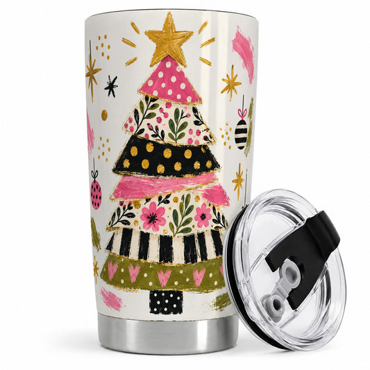 Whimsical Christmas Tree 20oz Tumbler, Pink Floral Holiday Design
