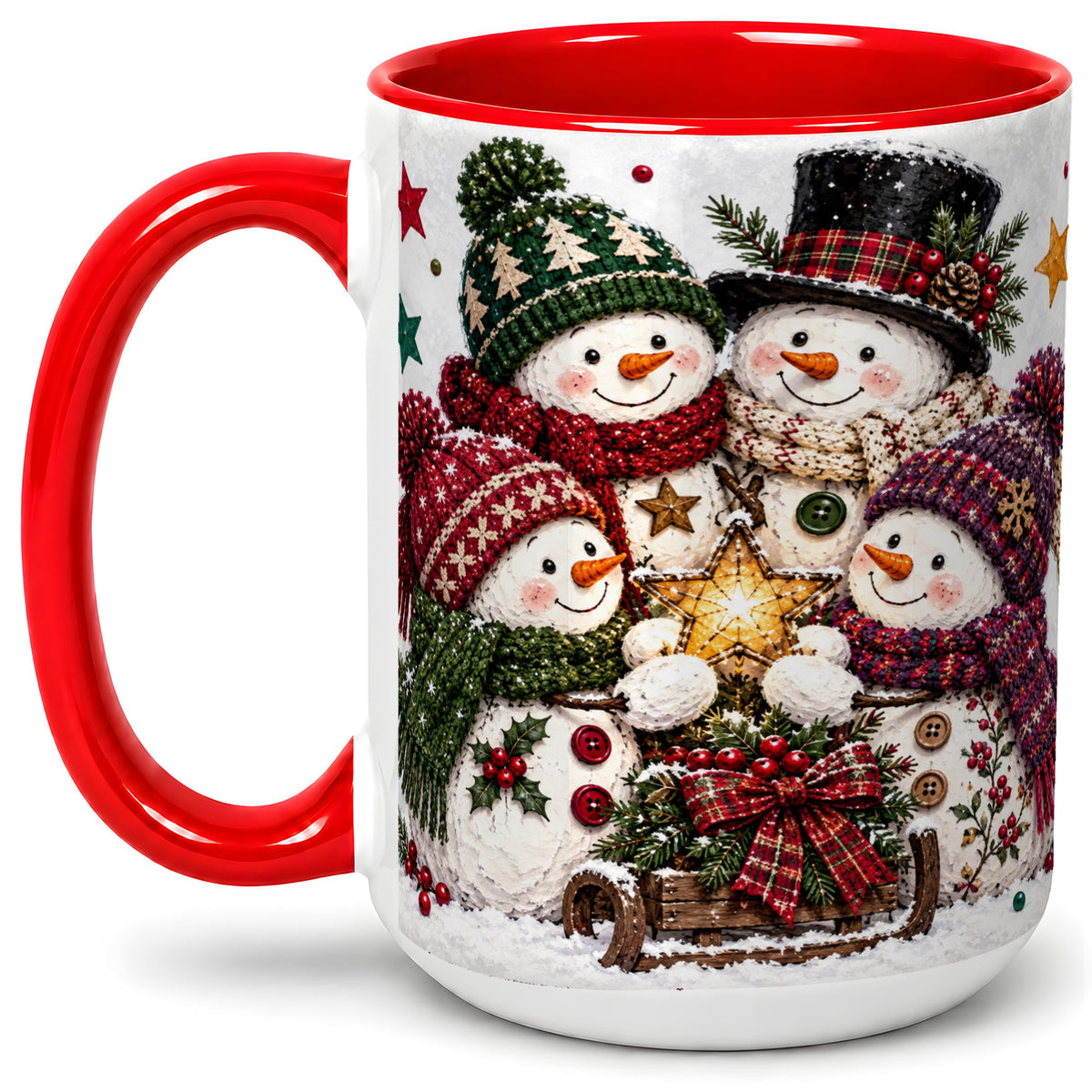 #pl[15oz|Red] Snowman Family Christmas Ceramic Mug with Plaid Winter Style