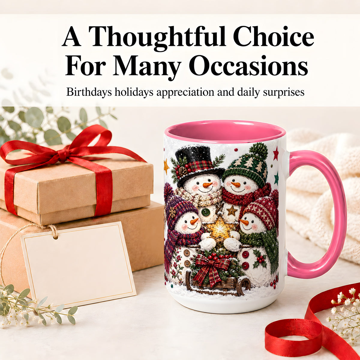 #pl[15oz|Pink] Snowman Family Christmas Ceramic Mug with Plaid Winter Style
