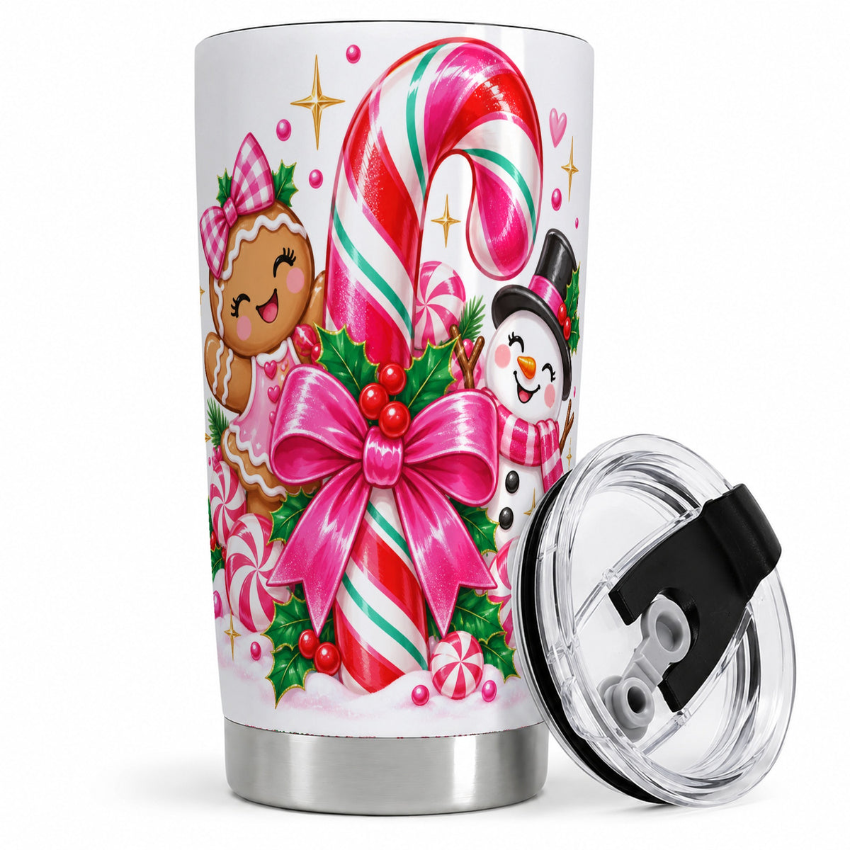 Pink Candy Cane Christmas 20oz Tumbler, Snowman Gingerbread Design