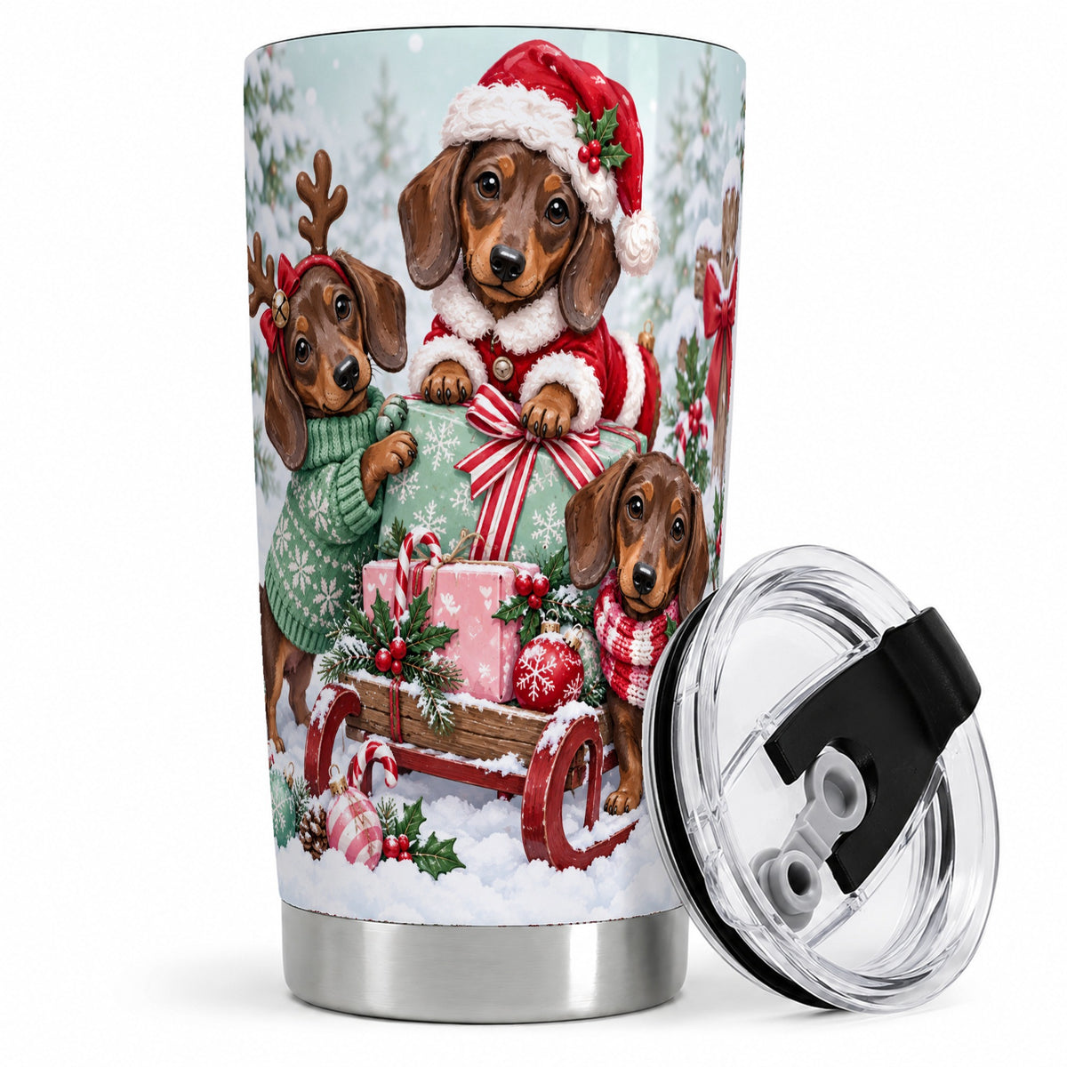 Christmas Dachshund 20oz Tumbler, Winter Sled Design for Dog Lovers