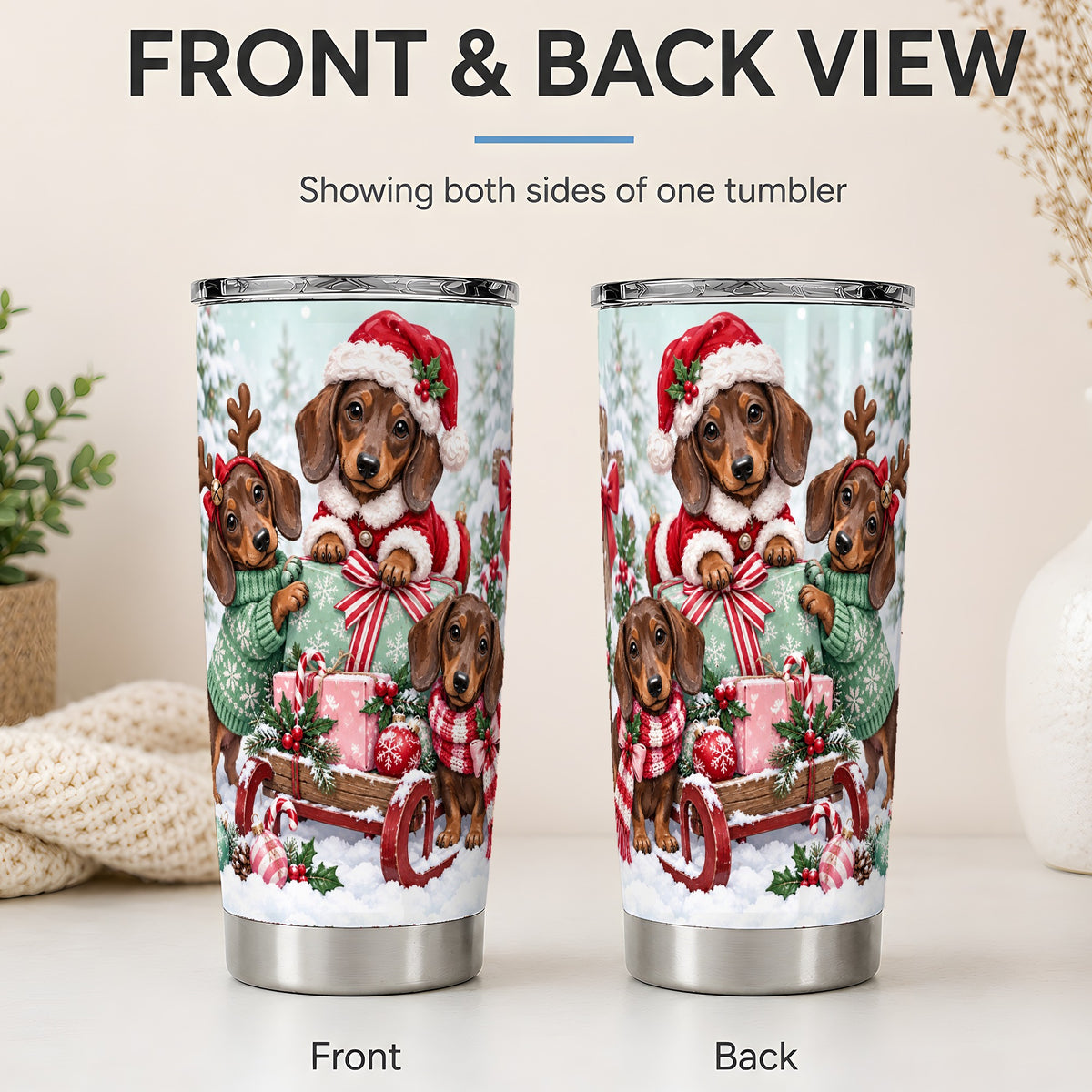 #pl[20oz|Steel] Christmas Dachshund 20oz Tumbler, Winter Sled Design for Dog Lovers