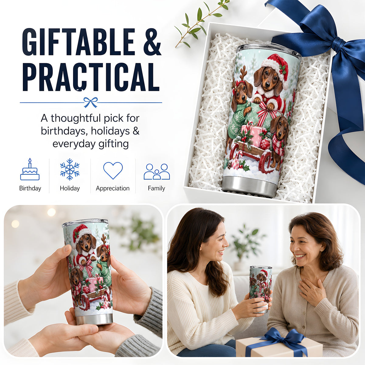 #pl[20oz|Steel] Christmas Dachshund 20oz Tumbler, Winter Sled Design for Dog Lovers