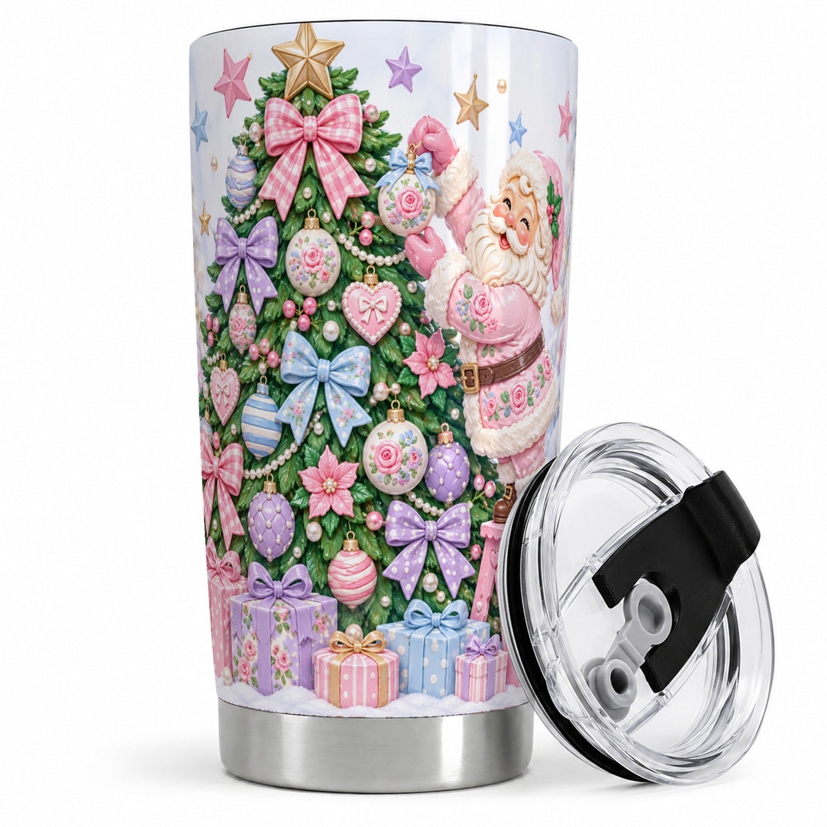 Pink Christmas Santa 20oz Tumbler with Pastel Tree Holiday Artwork