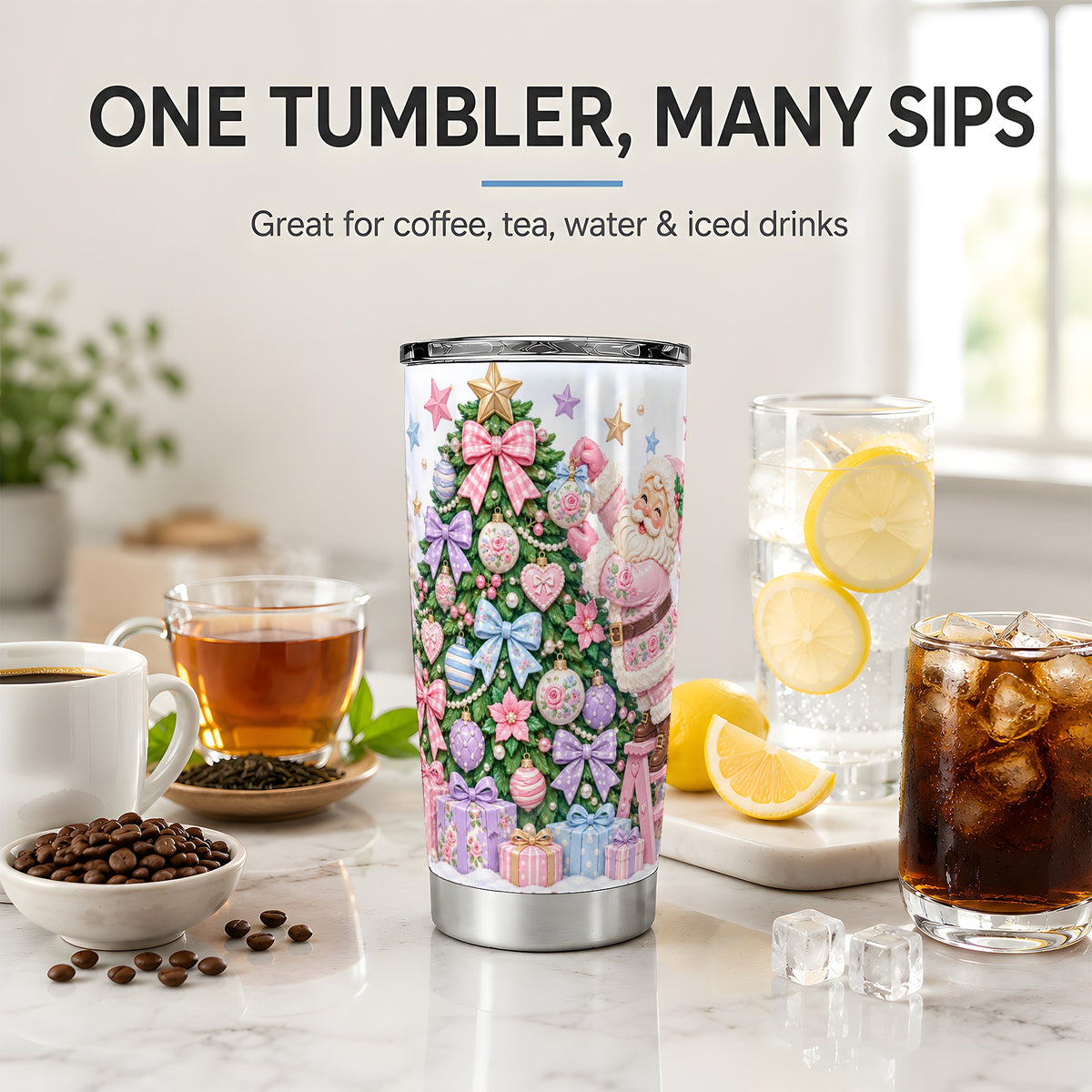 #pl[20oz|Steel] Pink Christmas Santa 20oz Tumbler with Pastel Tree Holiday Artwork