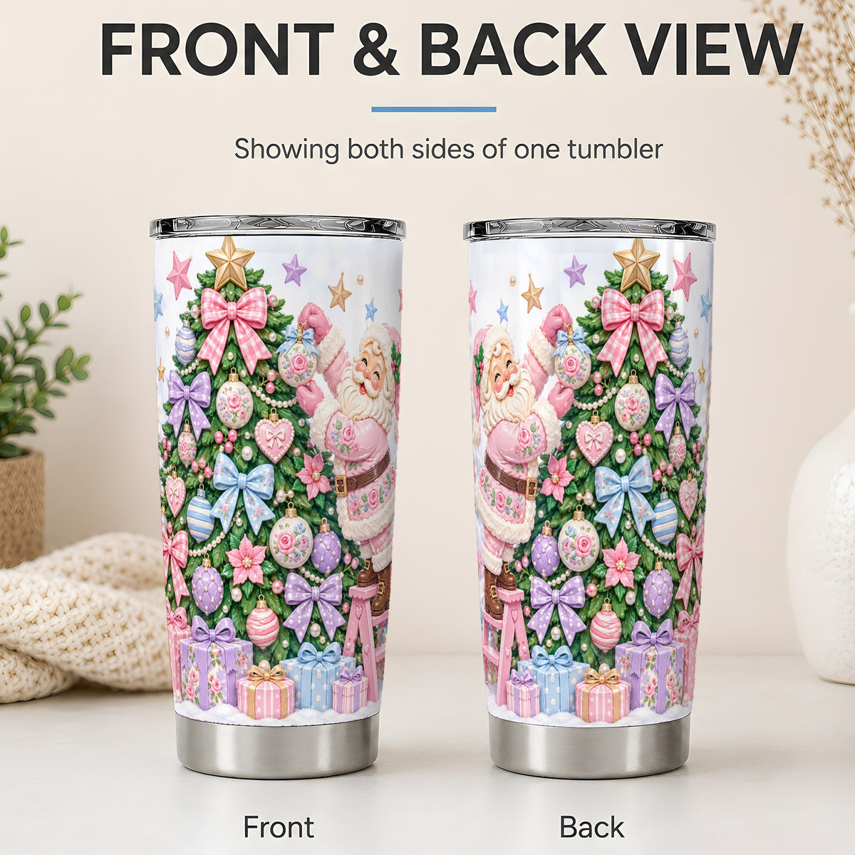 #pl[20oz|Steel] Pink Christmas Santa 20oz Tumbler with Pastel Tree Holiday Artwork